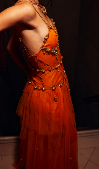 Vintage Spaghetti Straps Sheath Beaded Tulle Prom Dresses Orange Long Evening Dresses ED04394