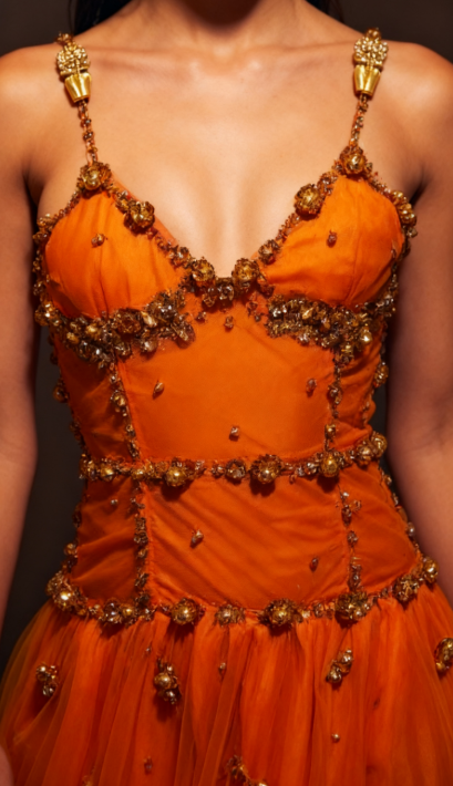 Spaghetti Straps Sheath Beaded Tulle Prom Dresses Orange Long Evening Dresses HZ1024