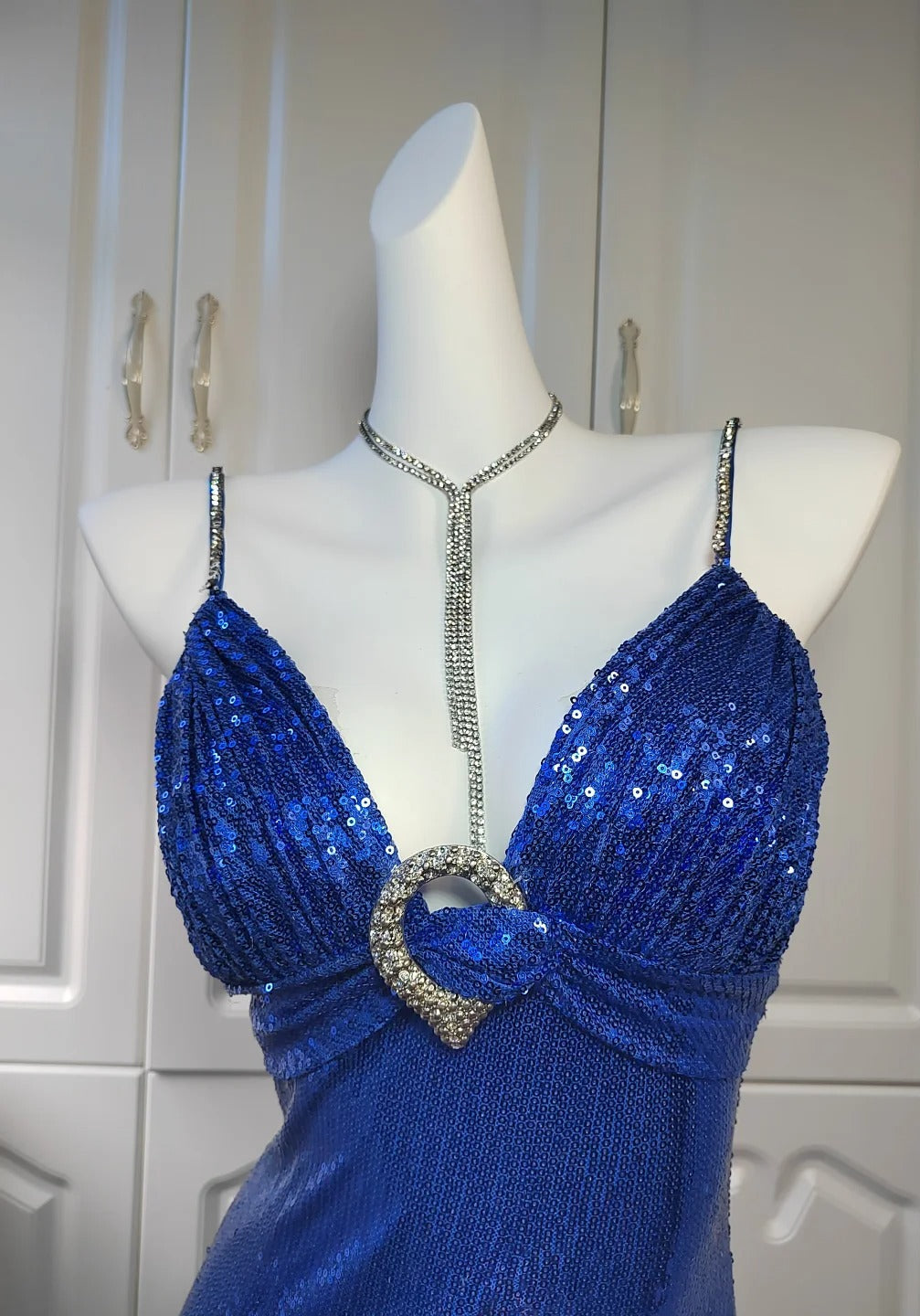 Spaghetti Strap Sheath Sequin Long Prom Dresses Blue Formal Evening Dresses HZ1024