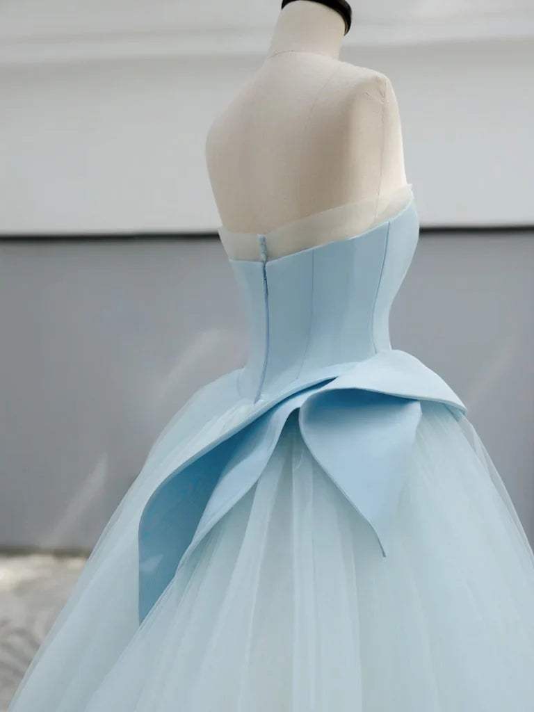 A-Line Satin Tulle Blue Long Prom Dress, Blue Long Formal Dress ED044