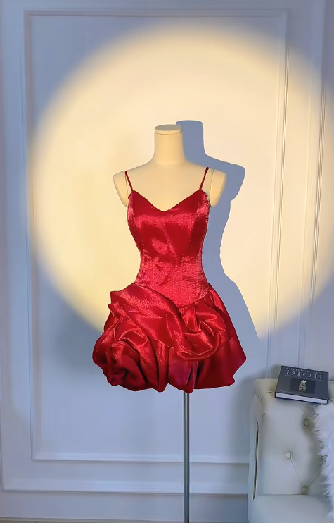 Birthday Dresses V-neck Ball Gown Satin Short Prom DressesBurgundy Homecoming Dresses HZ1024