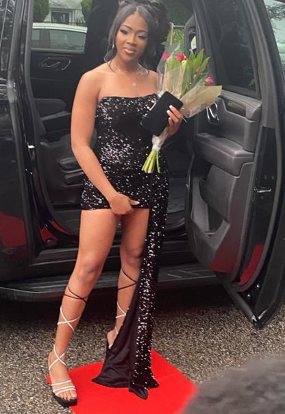 Sequin Birthday Dresses Strapless Bodycon Chiffon Short Prom Dresses Sequin Birthday Dresses Black Homecoming Dresses HZ1024