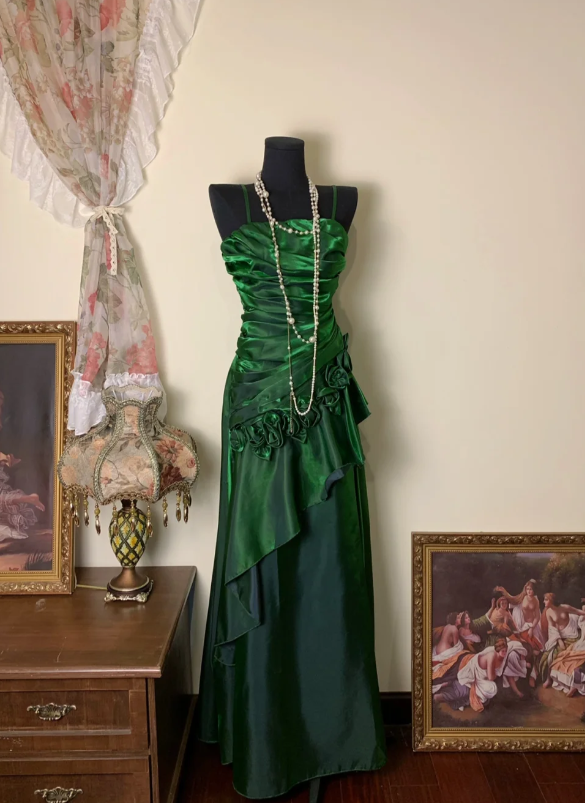 Green Formal Dresses Spaghetti Straps Ruffles Long Prom Dresses Sheath Evening Dresses HZ1024