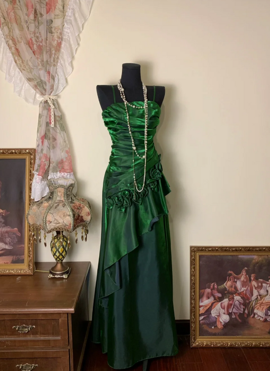 Green Formal Dresses Spaghetti Straps Ruffles Long Prom Dresses Sheath Evening Dresses HZ1024