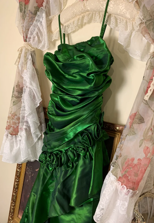 Green Formal Dresses Spaghetti Straps Ruffles Long Prom Dresses Sheath Evening Dresses HZ1024