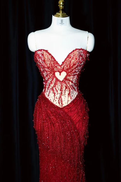 Sweetheart Mermaid Long Prom Dresses Beaded Tulle Evening Dresses Burgundy Formal Dresses HZ1024