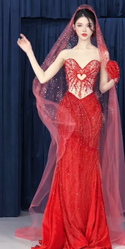Sweetheart Mermaid Long Prom Dresses Beaded Tulle Evening Dresses Burgundy Formal Dresses HZ1024