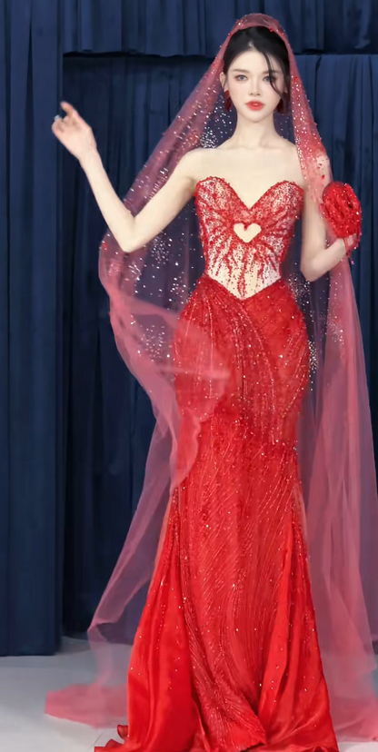 Fairy Sweetheart Mermaid Long Prom Dresses Beaded Tulle Evening Dresses Burgundy Formal Dresses ED04420
