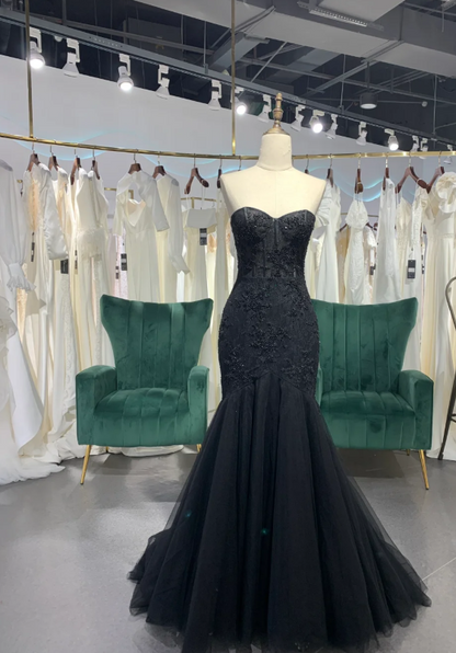 Sweetheart Neck Mermaid Long Prom Dresses, Tulle Beaded Evening Dresses, Black Formal Dresses HZ1024