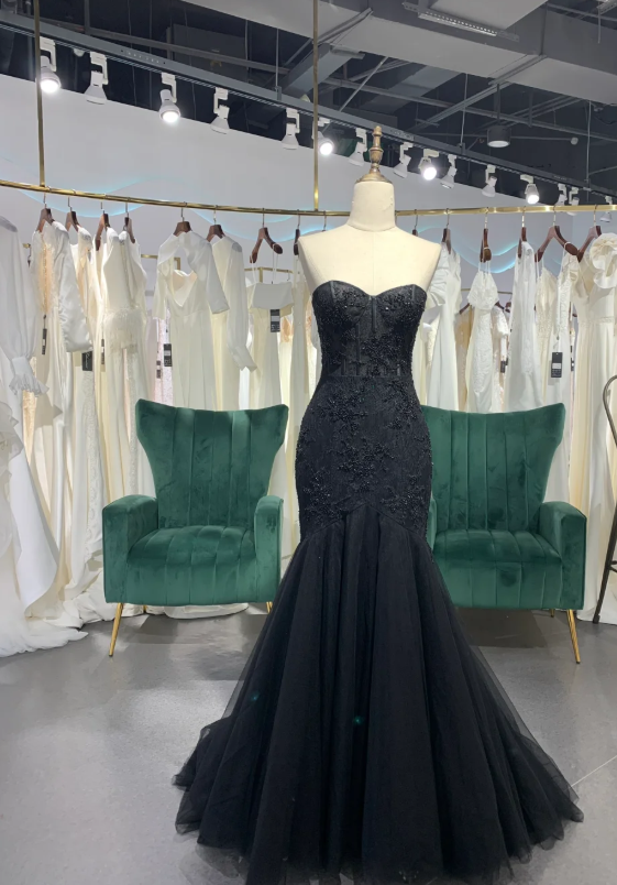Modest Sweetheart Neck Mermaid Long Prom Dresses, Tulle Beaded Evening Dresses, Black Formal Dresses ED04421