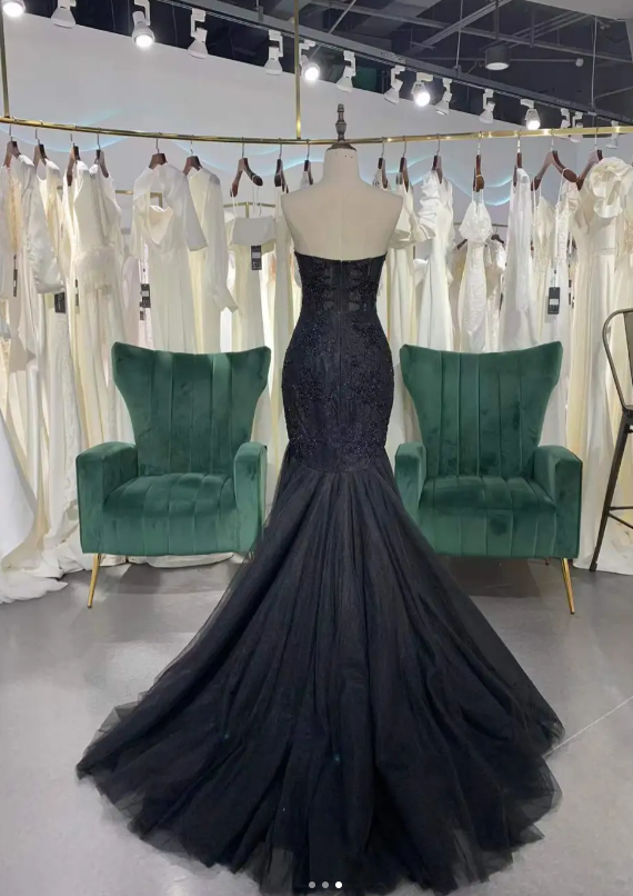 Modest Sweetheart Neck Mermaid Long Prom Dresses, Tulle Beaded Evening Dresses, Black Formal Dresses ED04421