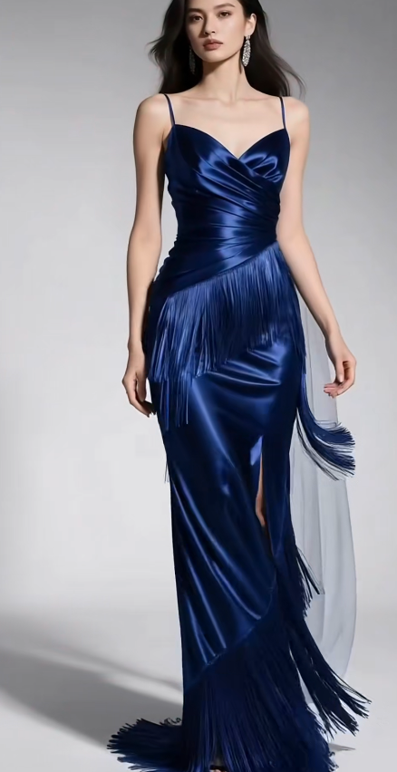 Spaghetti Strap Sheath Long Prom Dresses Satin Navy Blue Evening Dresses HZ1024