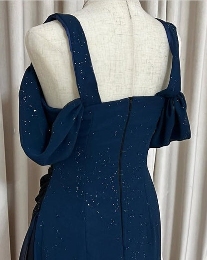 Gradient Blue Birthday Dresses V-neck Glitter Chiffon Sheath Prom Dresses Party Dresses HZ1024