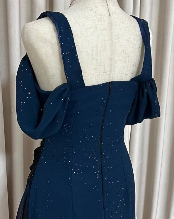 Elegant Gradient Blue Birthday Dresses V-neck Glitter Chiffon Sheath Prom Dresses Party Dresses ED04456