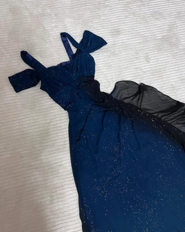 Elegant Gradient Blue Birthday Dresses V-neck Glitter Chiffon Sheath Prom Dresses Party Dresses ED04456