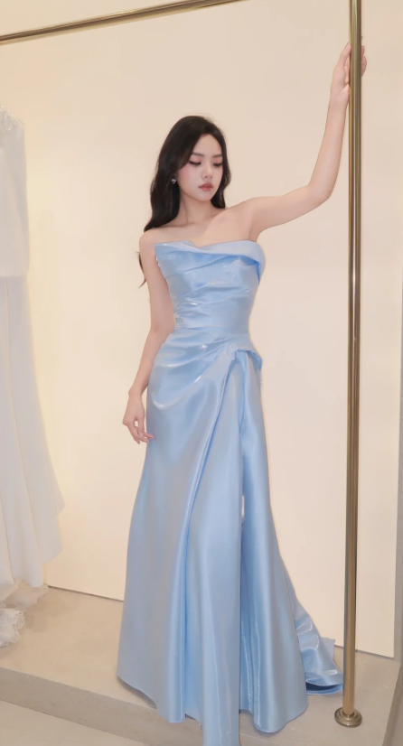 Strapless Mermaid Prom Dresses, Satin Blue Long Formal Dresses HZ1024