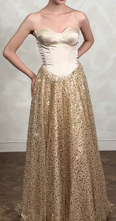 Strapless Sheath Long Prom Dresses, Sparkly Sequined Tulle Gold Evening Dresses HZ1024