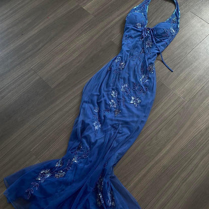 Halter Mermaid Long Prom Dresses, Beaded Chiffon Blue Formal Dresses HZ1024
