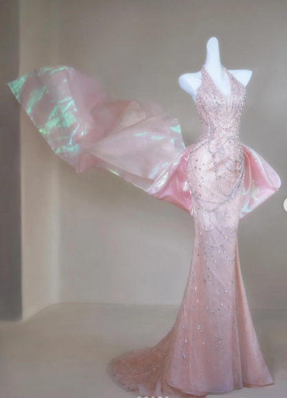 Halter Mermaid Long Prom Dresses, Tulle Rhinestone Pink Birthday Dresses HZ1024