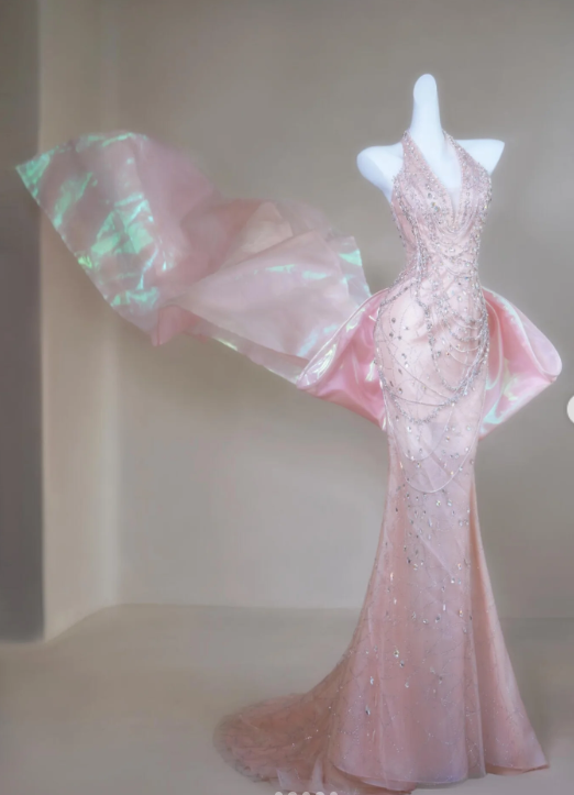 Halter Mermaid Long Prom Dresses, Tulle Rhinestone Pink Birthday Dresses HZ1024