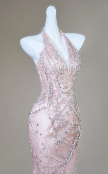 Halter Mermaid Long Prom Dresses, Tulle Rhinestone Pink Birthday Dresses HZ1024