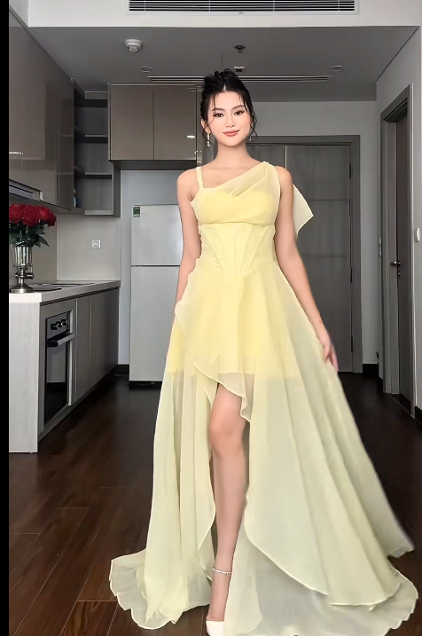 Chic Spaghetti Straps Sheath Hi-Lo Birthday Dresses, Chiffon Yellow Formal Dresses ED04483