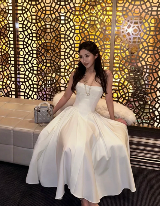 Strapless A-Line Birthday Dresses, White Formal Dresses HZ1024