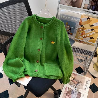 Embroidered Crew neck Loose Cardigan Sweater HZ1024