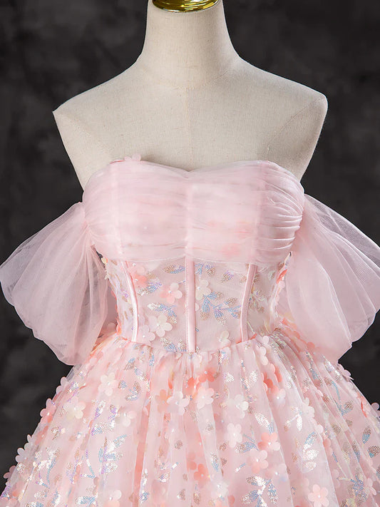 A-Line Off Shoulder Tulle Lace Pink Long Prom Dress, Pink Sweet 16 Dress ED045
