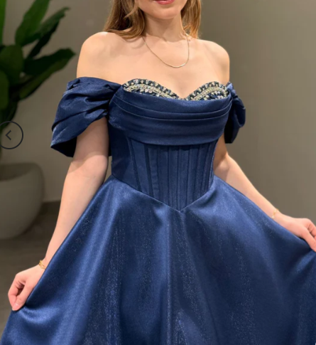 Off-Shoulder A-Line Long Prom Dresses Satin Navy Blue Evening Dresses HZ1024