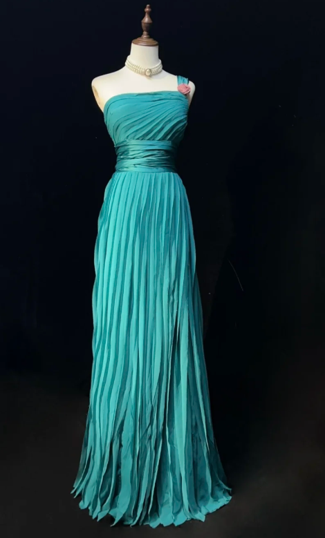 One-Shoulder Sheath Pleated Long Prom Dresses Chiffon Turquoise Evening Dresses HZ1024