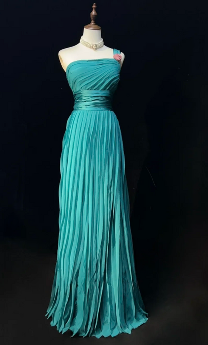 Glam One-Shoulder Sheath Pleated Long Prom Dresses Chiffon Turquoise Evening Dresses ED04505