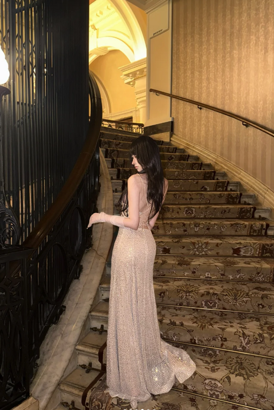 Spaghetti Strap Sheath Long Prom Dresses with Slits Gold Backless Evening Dresses HZ1024