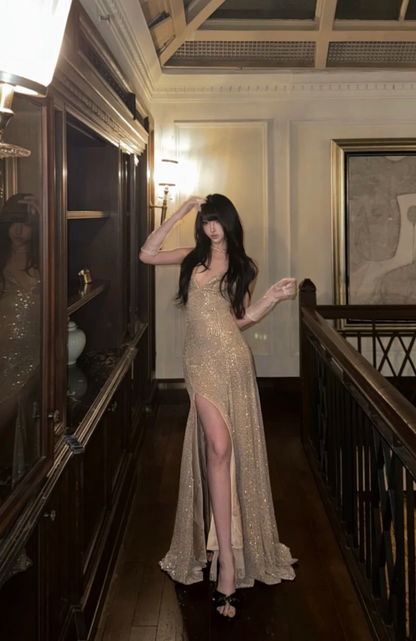 Spaghetti Strap Sheath Long Prom Dresses with Slits Gold Backless Evening Dresses HZ1024