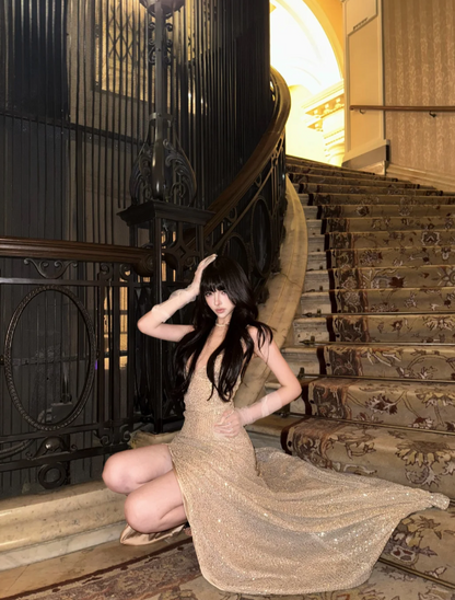Spaghetti Strap Sheath Long Prom Dresses with Slits Gold Backless Evening Dresses HZ1024