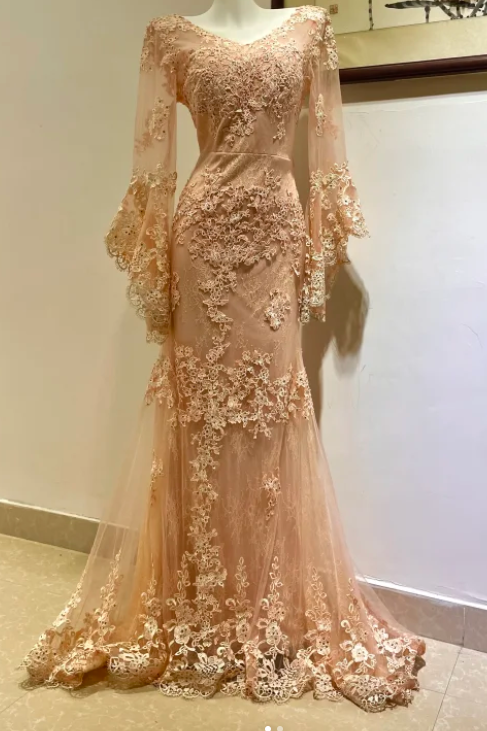 V-neck Memaid Long Prom Dresses Long Sleeve Chiffon Applique Champagne Evening Dresses HZ1024