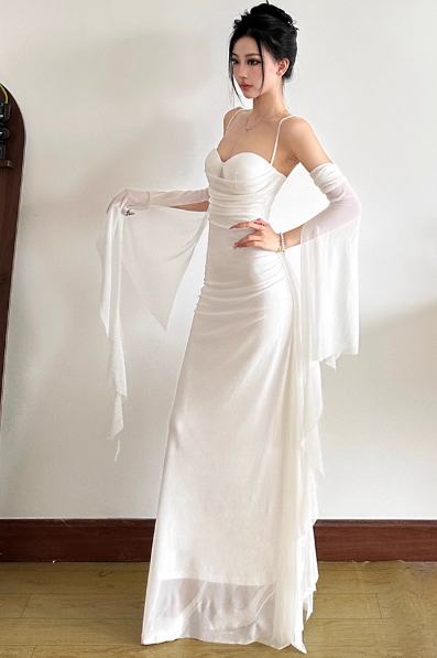 Bodycon Spaghetti Strap White Long Prom Dresses, Chiffon White Formal Dresses HZ1024