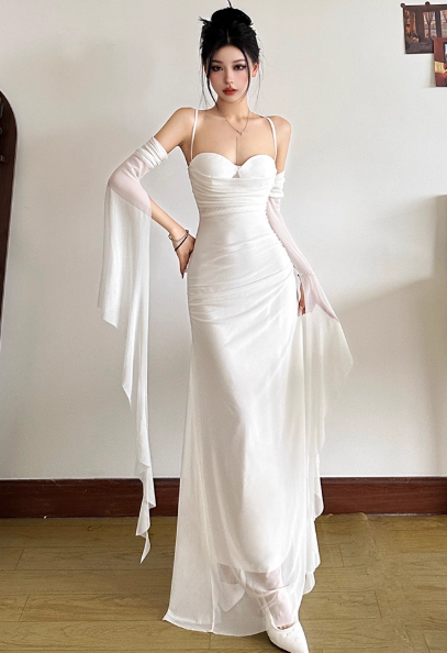 Bodycon Spaghetti Strap White Long Prom Dresses, Chiffon White Formal Dresses HZ1024