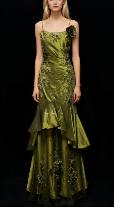 Elegant Mermaid Spaghetti Strap Dark Green Long Prom Dresses Satin Beaded Evening Gowns Dark Green Formal Dresses ED04519