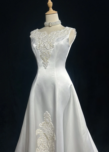Jewel A-Line Long Wedding Dresses, Satin Beaded Applique Bridal Dresses White Bridal Gowns HZ1024