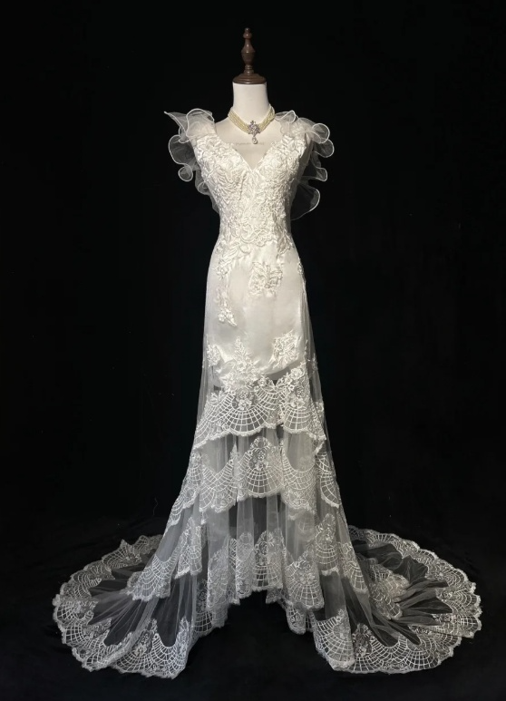 V-Neck Sheath Sleeveless Long Wedding Dresses Tulle Lace White Bridal Gowns HZ1024