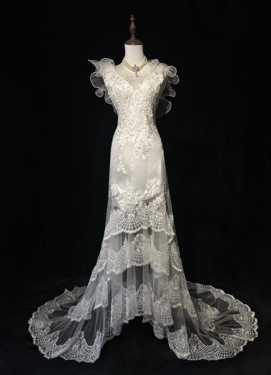 V-Neck Sheath Sleeveless Long Wedding Dresses Tulle Lace White Bridal Gowns HZ1024