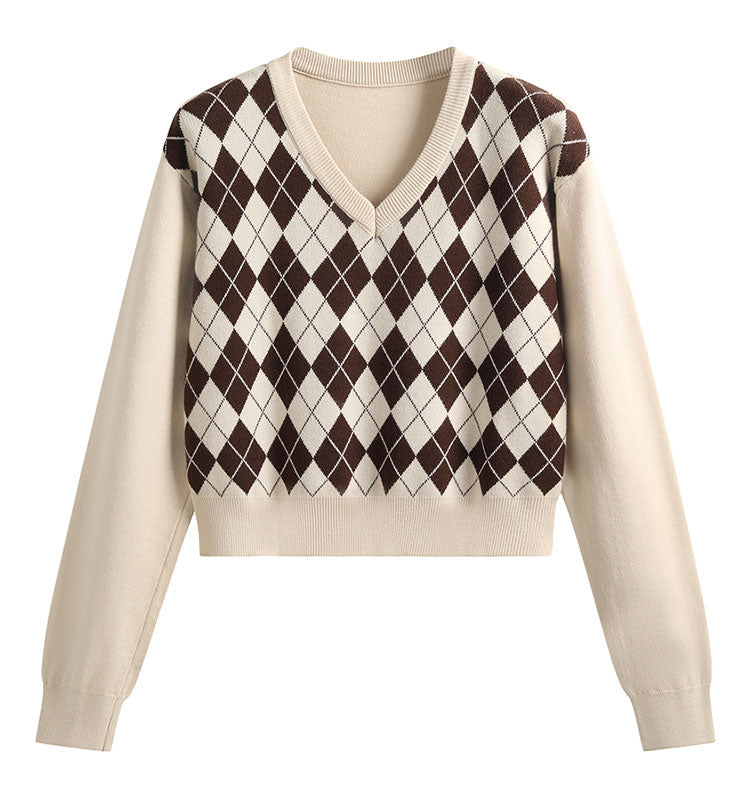 American retro diamond long-sleeved short sweater ED0452
