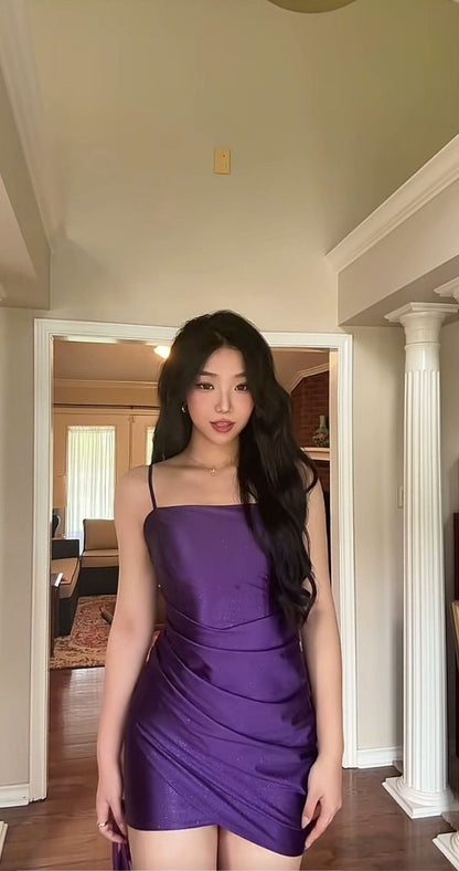 Tight Homecoming Dresses Satin Spaghetti Strap Short Prom Dresses Purple Birthday Dresses HZ1024