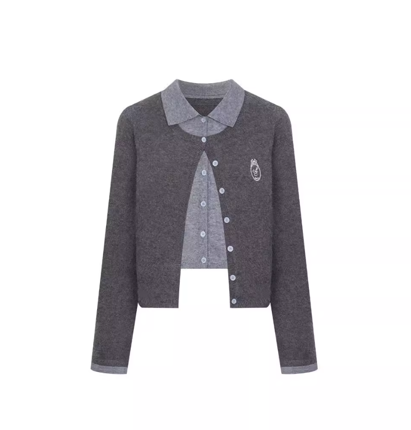 Fake two-piece college style POLO collar long-sleeved knitted cardigan  ED0453