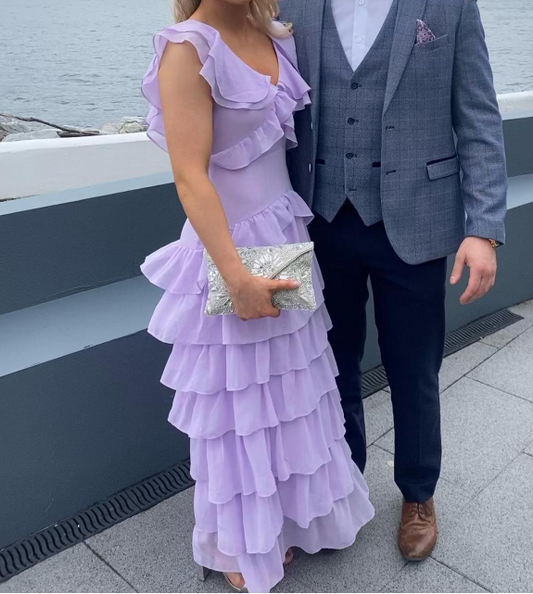 V-neck Sheath Long Prom Dresses Chiffon Purple Wedding Guest Dresses HZ1024
