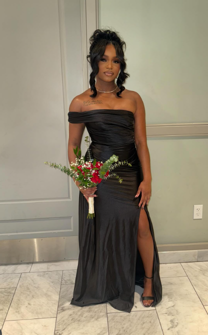 Elegant One Shoulder Sheath Long Prom Dresses Black Guest Dresses Satin Black Formal Dress with Slit ED04574
