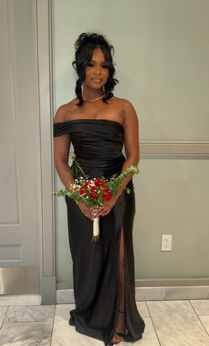 Elegant One Shoulder Sheath Long Prom Dresses Black Guest Dresses Satin Black Formal Dress with Slit ED04574