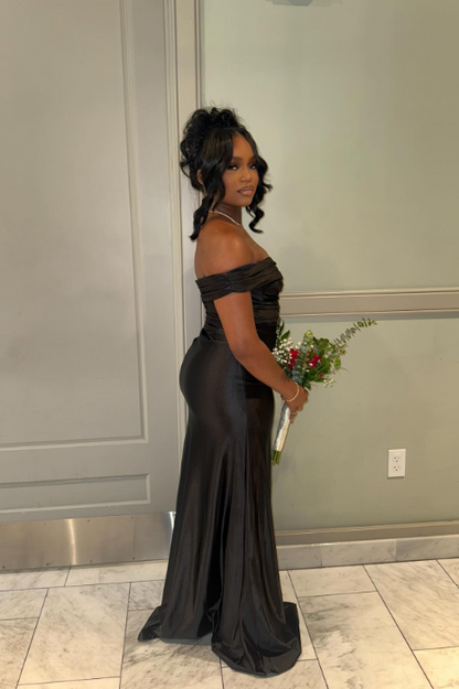 Elegant One Shoulder Sheath Long Prom Dresses Black Guest Dresses Satin Black Formal Dress with Slit ED04574