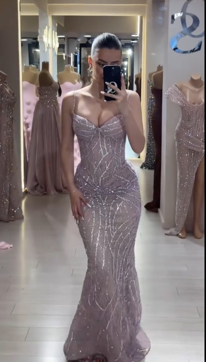 Spaghetti Strap Mermaid Long Prom Dresses Beaded Tulle Evening Dresses HZ1024